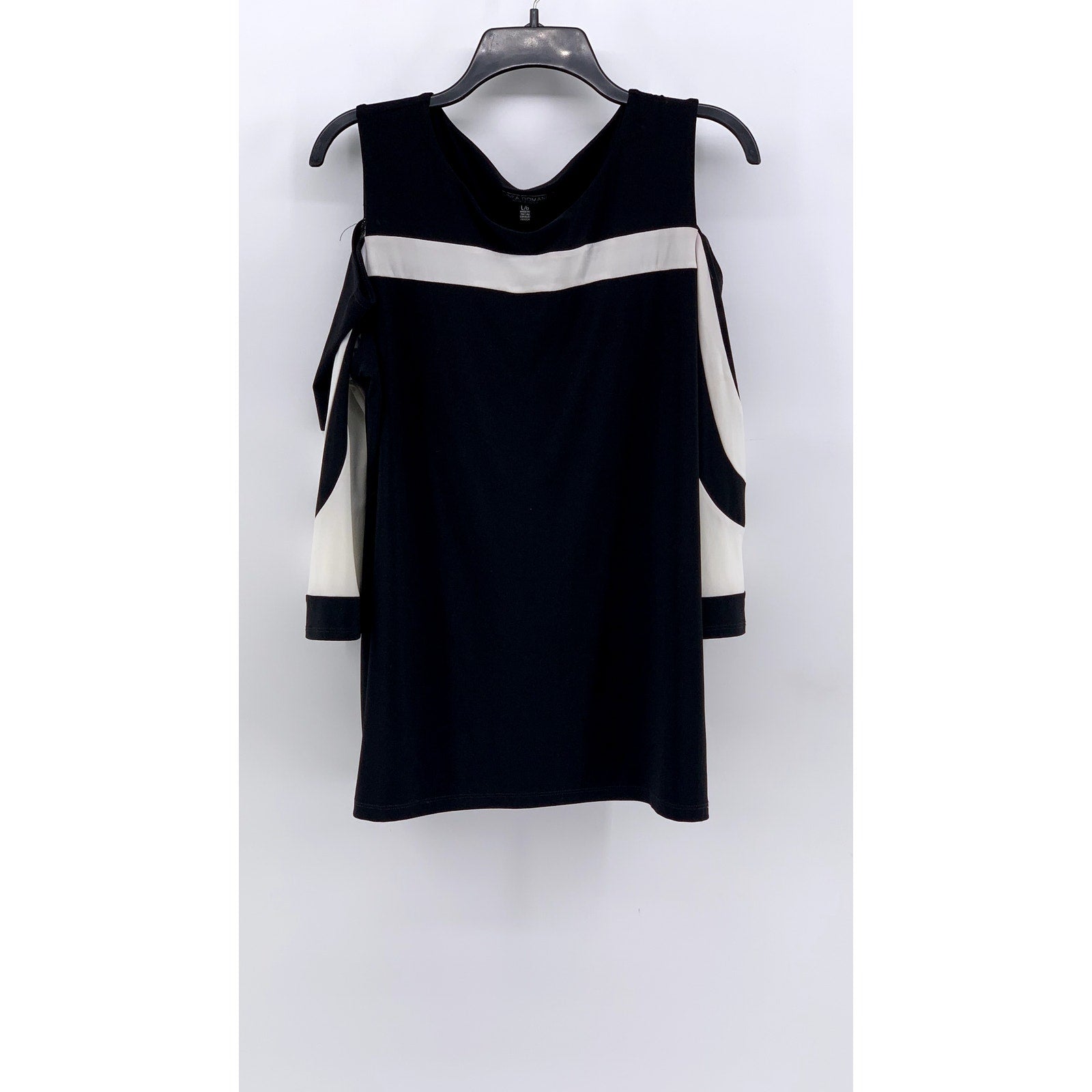 LINEA DOMANI Women's Black White Cutout Shoulder Long Sleeve Top SZ L
