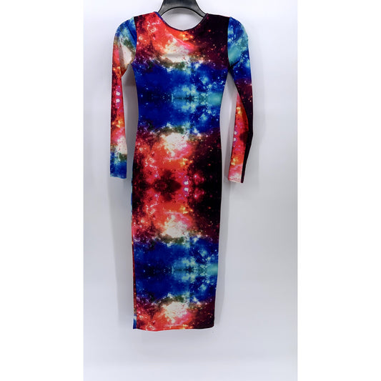 OH MY LOVE Women's Purple-Blue Galaxy Print Crewneck Bodycon Midi Dress SZ XS