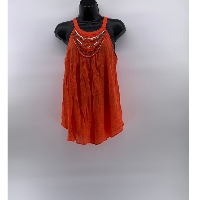 BCX Women's Orange Scoop-Neck Beaded Embellished Relaxed Fit Sleeveless Top SZ S