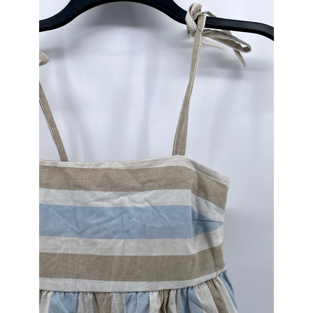 UNBRANDED Women's Blue-Tan Striped Straight-Neck Tie-Strap Ruffle Top SZ S