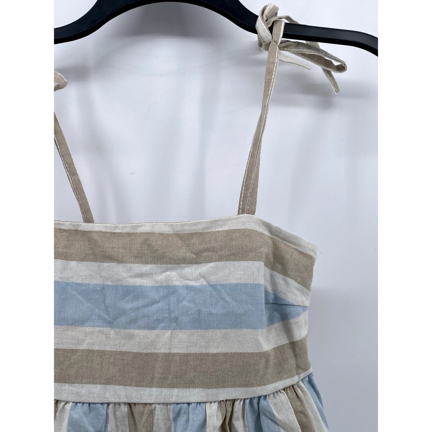 UNBRANDED Women's Blue-Tan Striped Straight-Neck Tie-Strap Ruffle Top SZ S