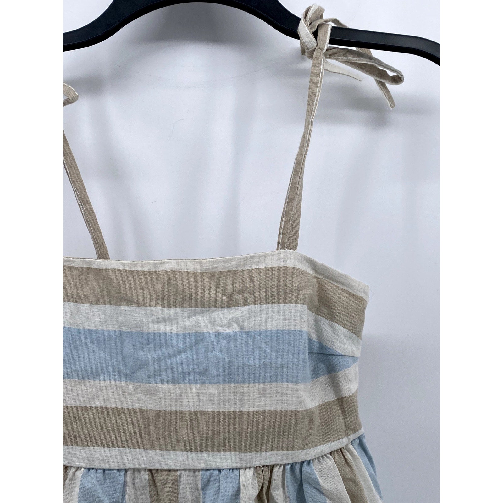 UNBRANDED Women's Blue-Tan Striped Straight-Neck Tie-Strap Ruffle Top SZ S