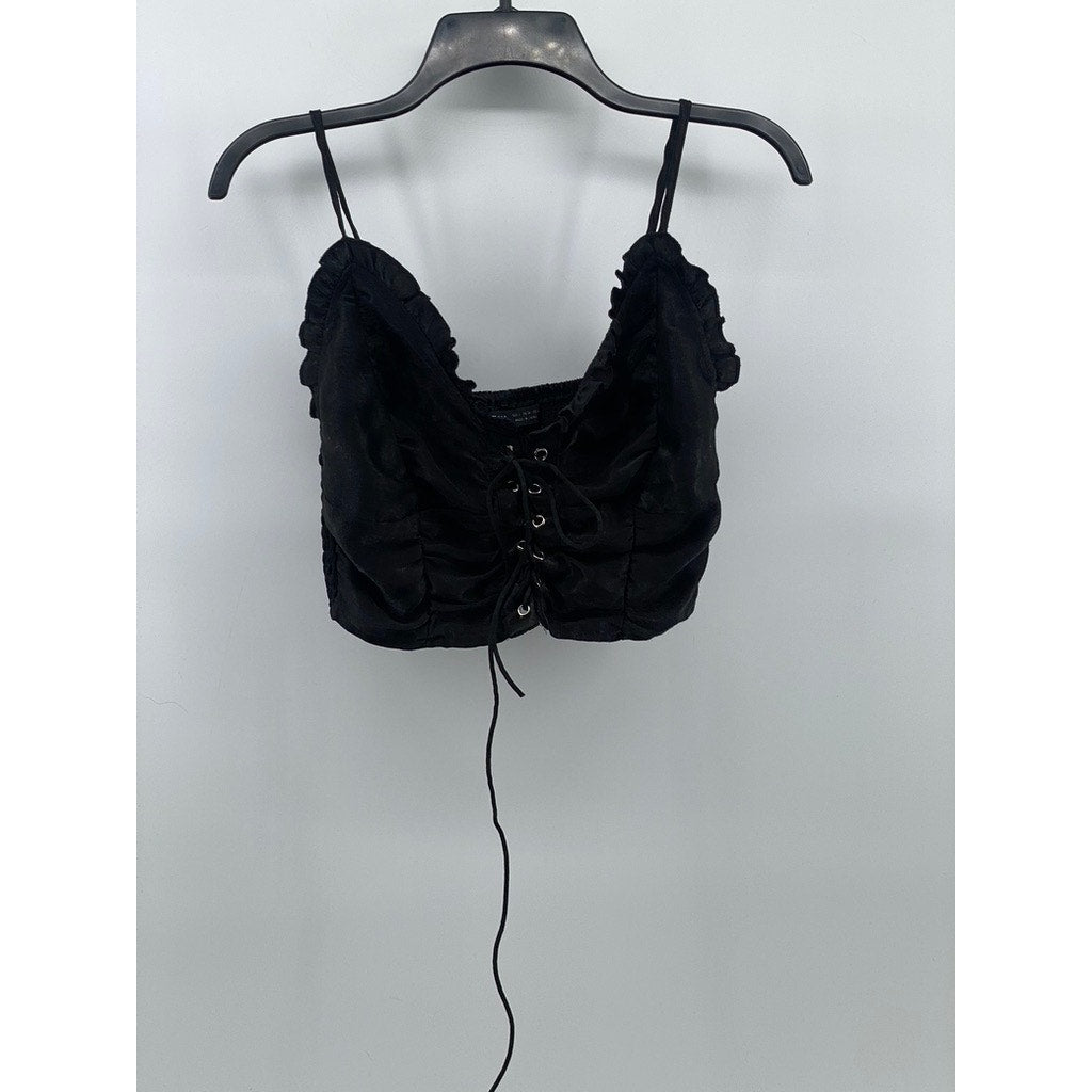 SHEIN Women's Black Ruffle-Trim Spaghetti Strap Cropped Lace-Up Top SZ 4