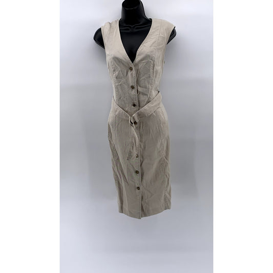 CALVIN KLEIN Women's Beige Canvas Button-Up Sleeveless V-Neck Belted Dress SZ 10