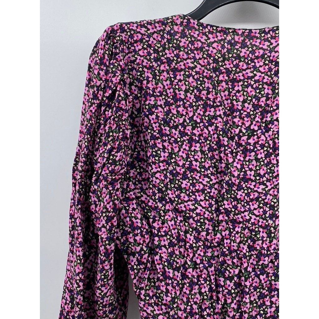 UNBRANDED Women's Pink Floral Print V-Neck Long Sleeve Top SZ M