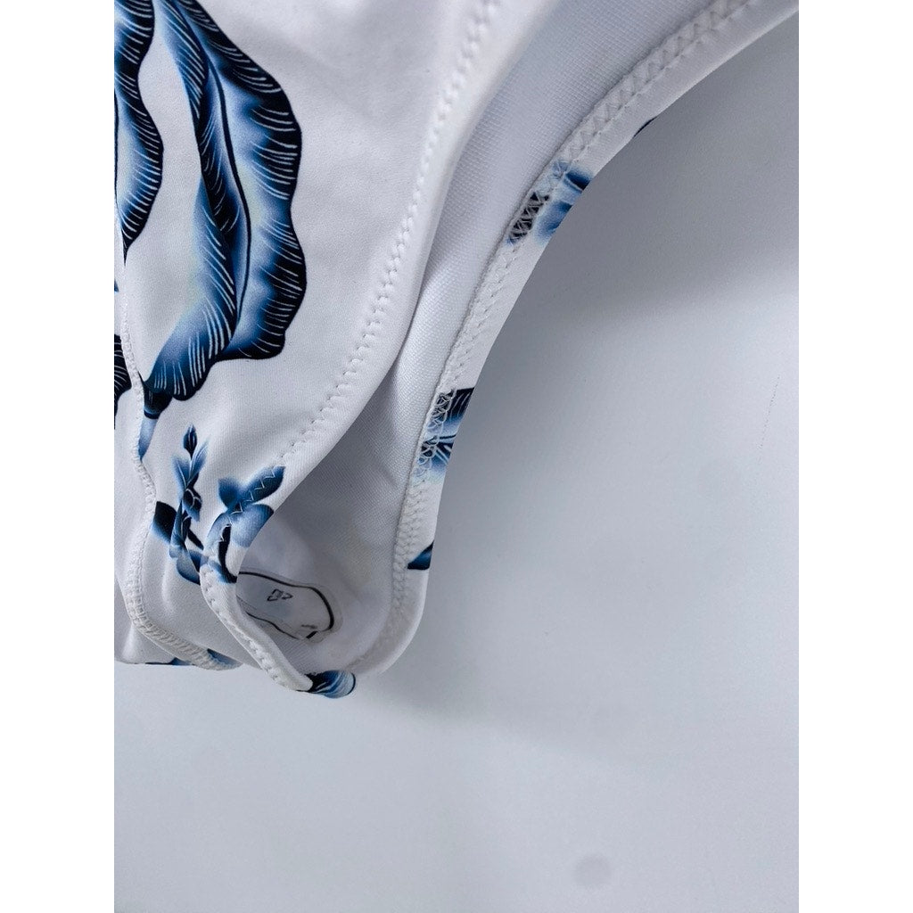 UNBRANDED Women's White-Blue Floral Print Cheeky Swim Bottom SZ L