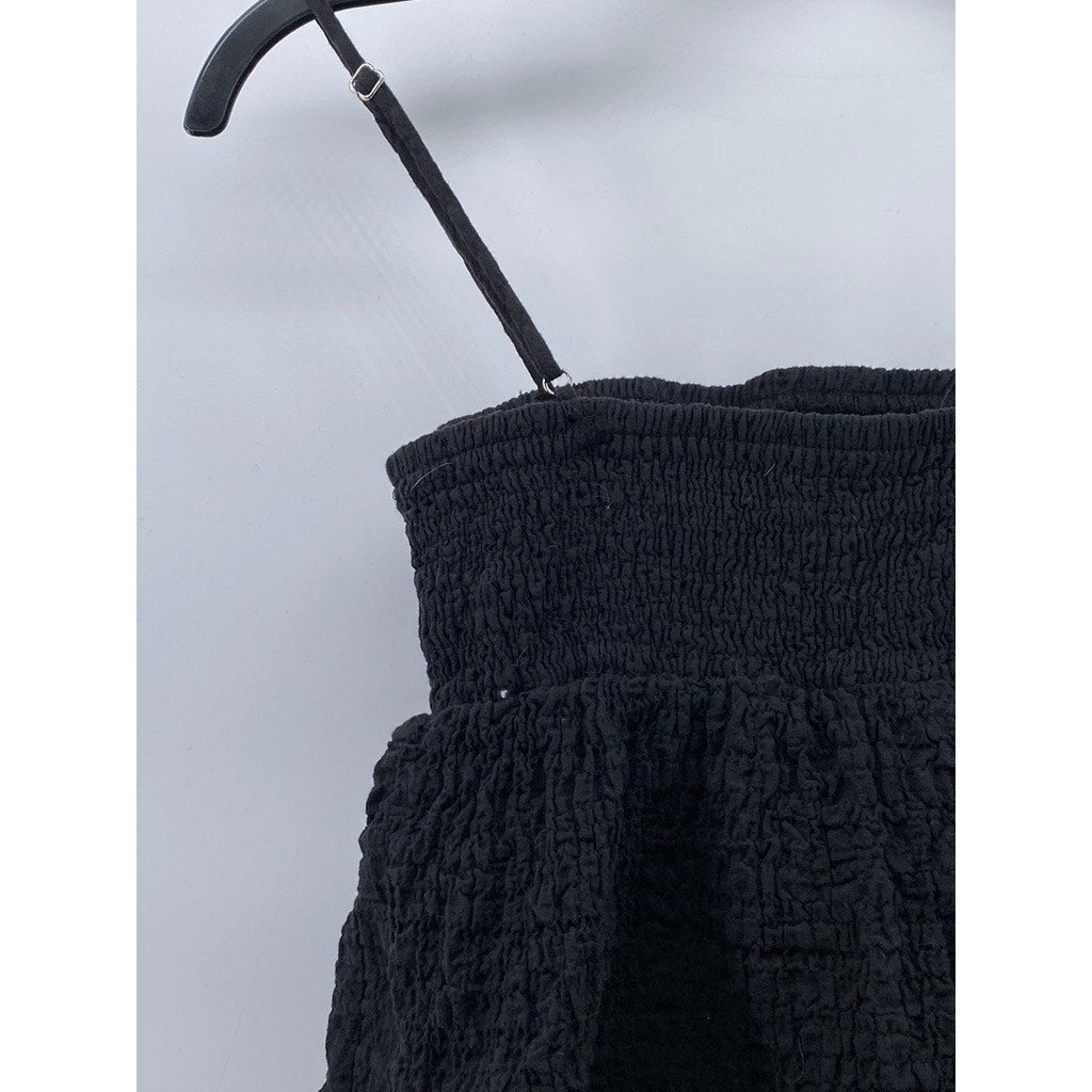 ZARA Women's Black Textured Straight-Neck Spaghetti Strap A-Line Mini Dress SZ S