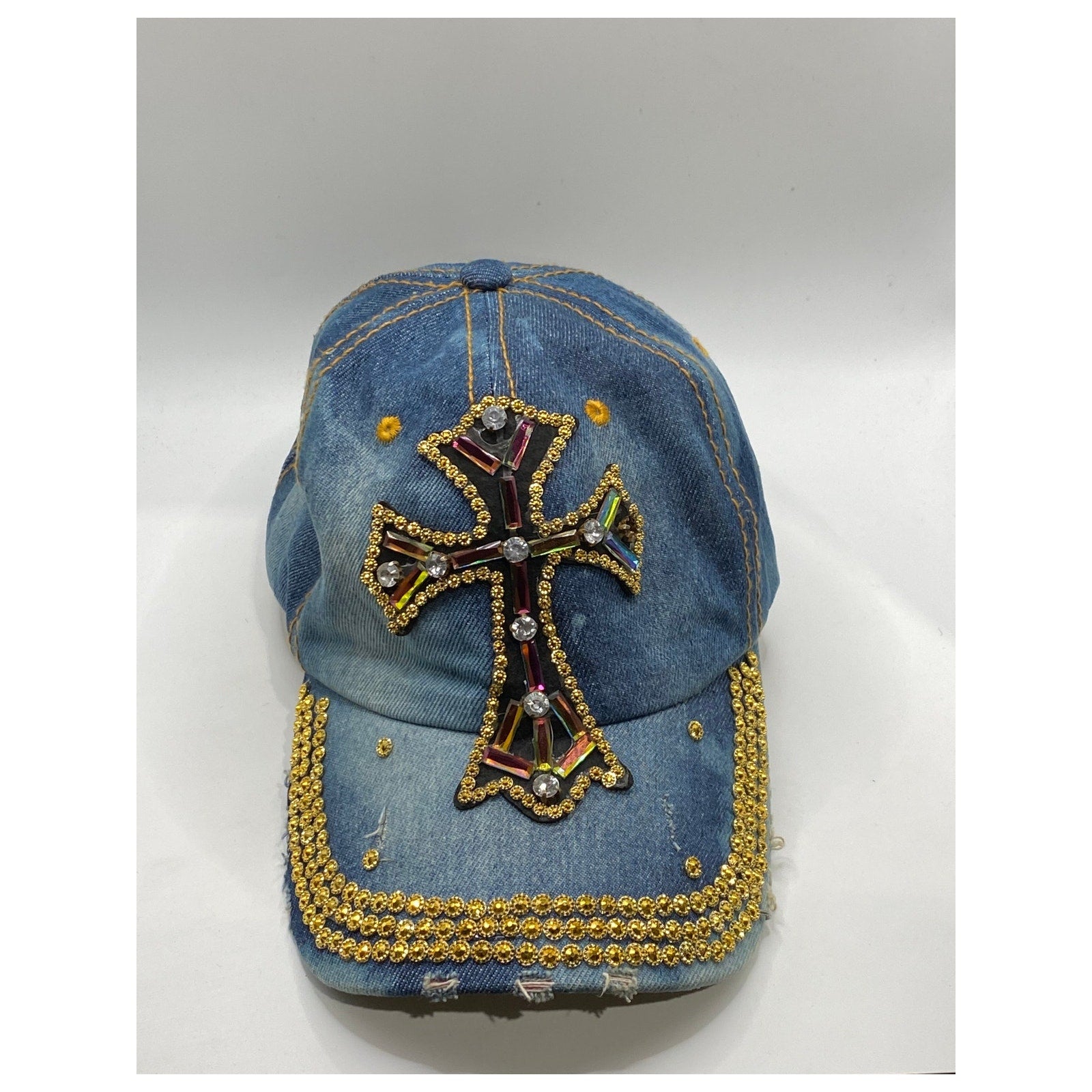 UNBRANDED Women's Blue-Gold Denim Cross Rhinestone Studded Baseball Cap SZ OS