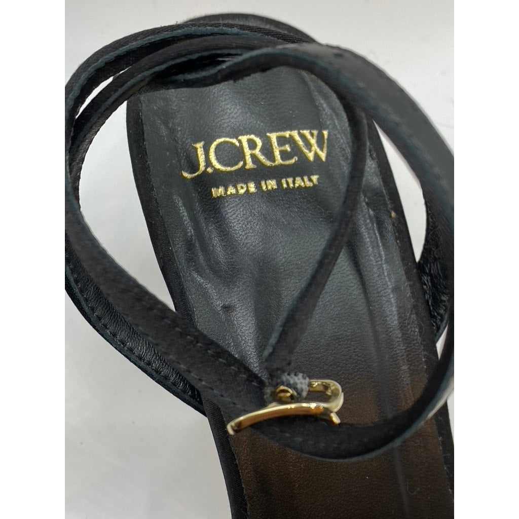 J.CREW Women's Black Satin Strappy Peep-Toe Ankle Strap Heeled Sandals SZ 8.5