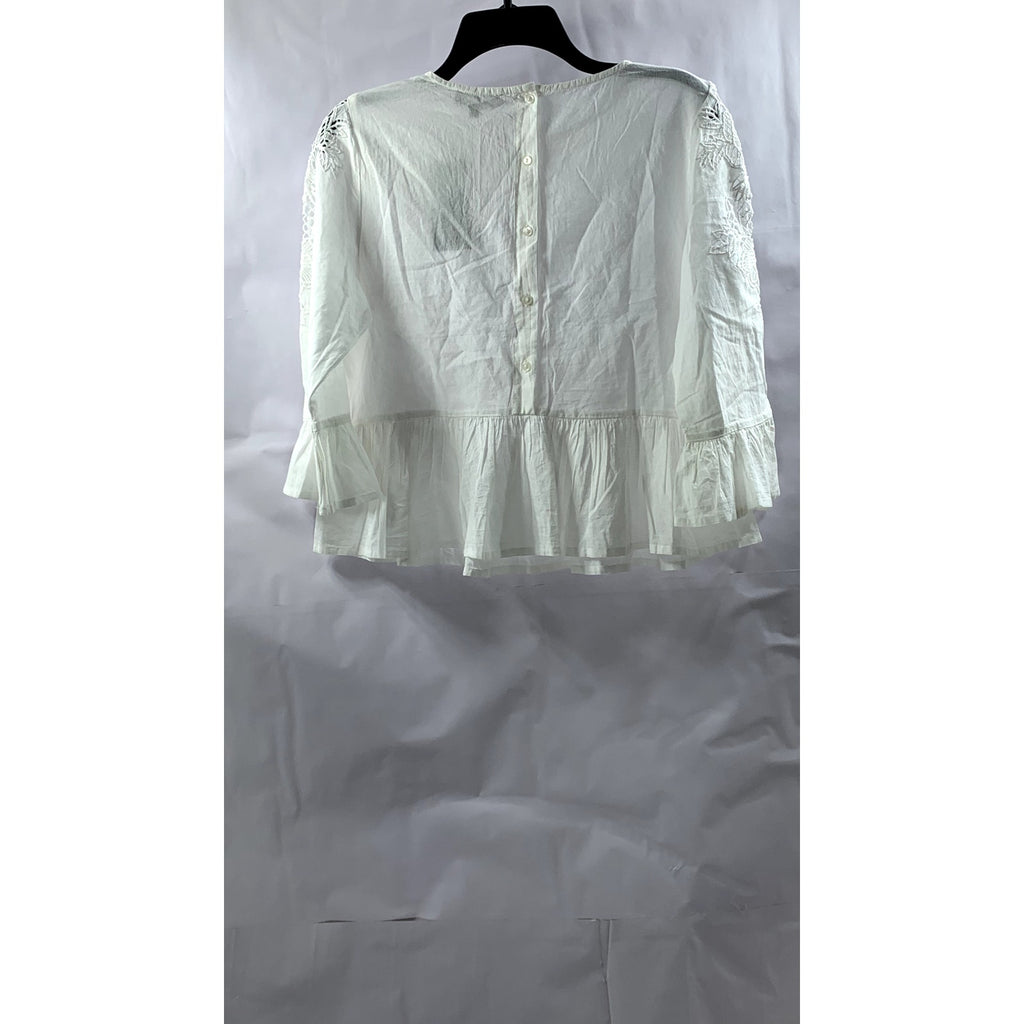 NEW LOOK Women's Petite White Crewneck Floral Cutwork Long Sleeve Ruffle Top SZ6