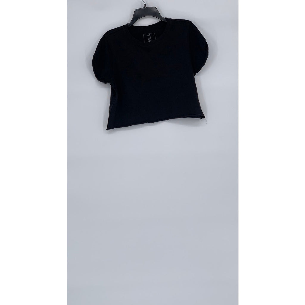 WE THE FREE Women's Black Solid Crewneck Short Rolled Sleeve Cropped Top SZ S