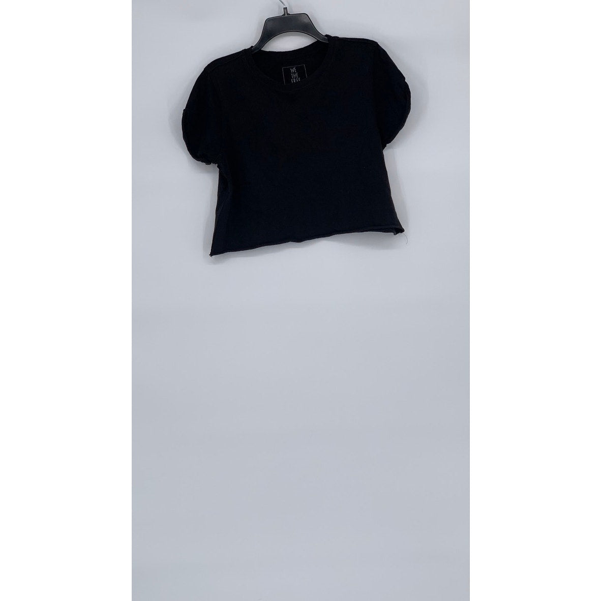 WE THE FREE Women's Black Solid Crewneck Short Rolled Sleeve Cropped Top SZ S
