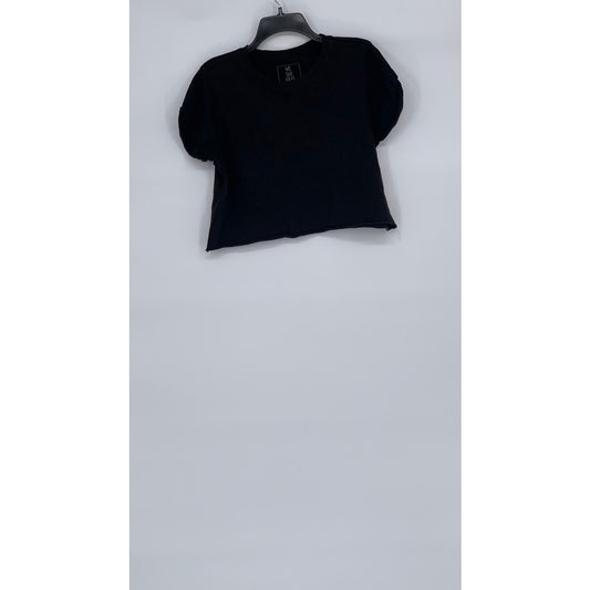 WE THE FREE Women's Black Solid Crewneck Short Rolled Sleeve Cropped Top SZ S