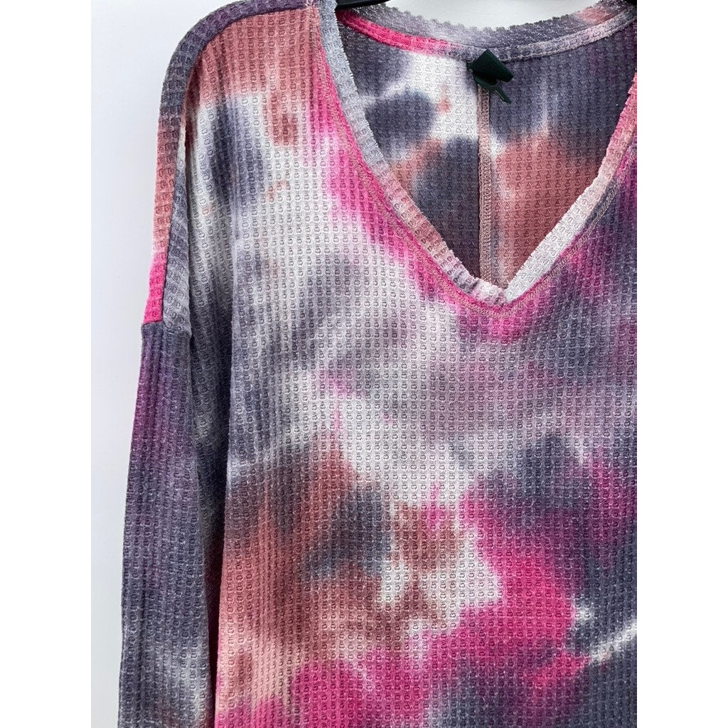 WILD FABLE Women's Pink-Gray Tie-Dye V-Neck Long Sleeve Thermal Top SZ S