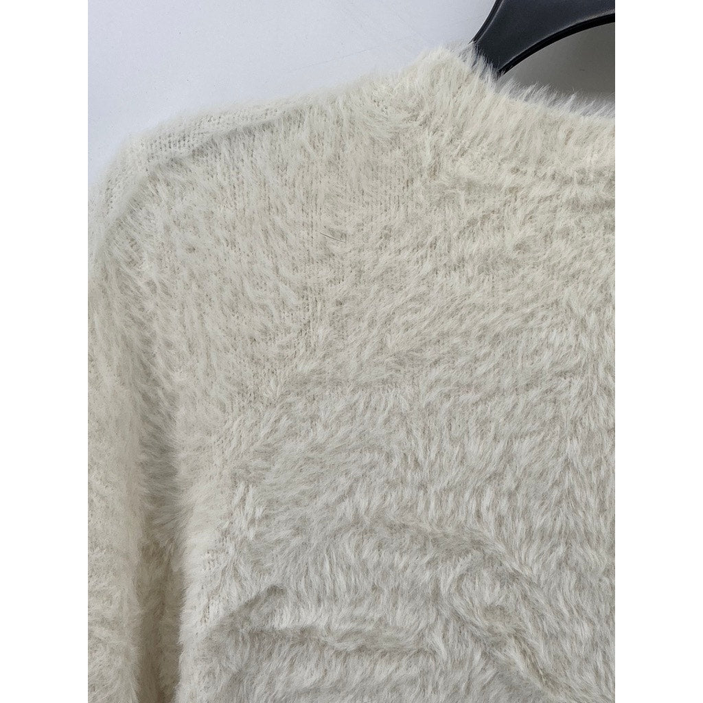 SUNDAY BEST Women's Cream Crewneck Riley Kitten Fuzzy Long Sleeve Sweater SZ S