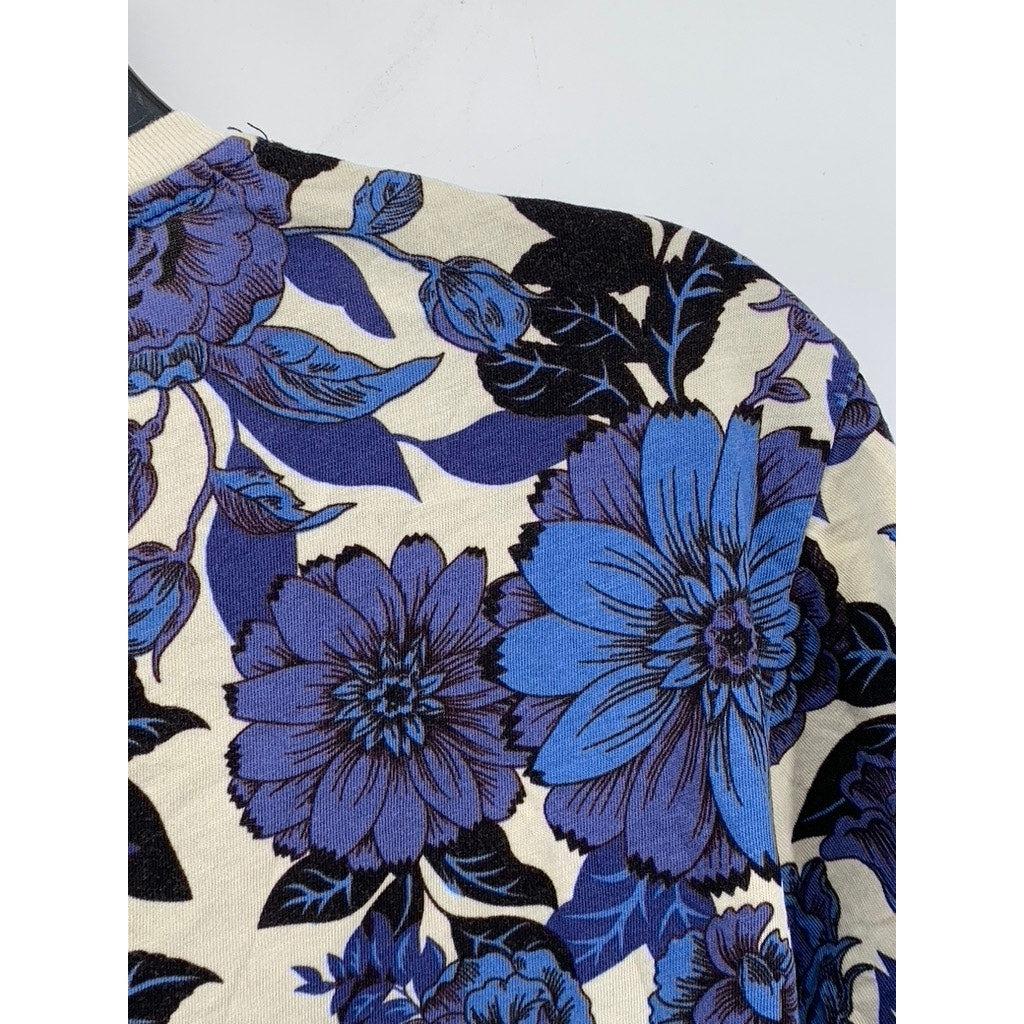 FORVER 21 Women’s Blue-Cream Floral Printed Crewneck Short Sleeve Crop Top SZ S