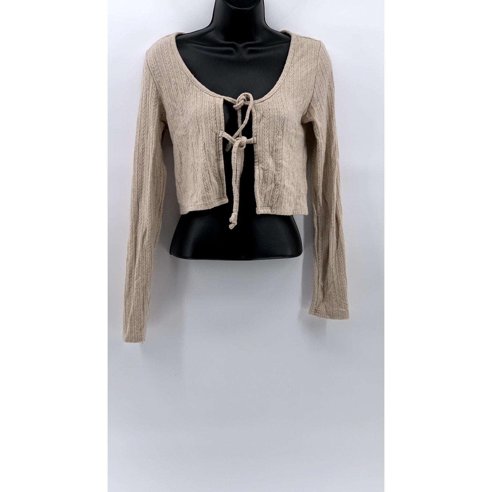 URBAN VINE Women's Beige Open Front Tie Long Sleeve Crop Top SZ L