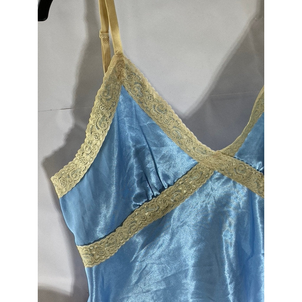 E.K. DESIGNS Women's Light Blue-Beige Satin Lace-Trim Adjustable Cami Top SZ M