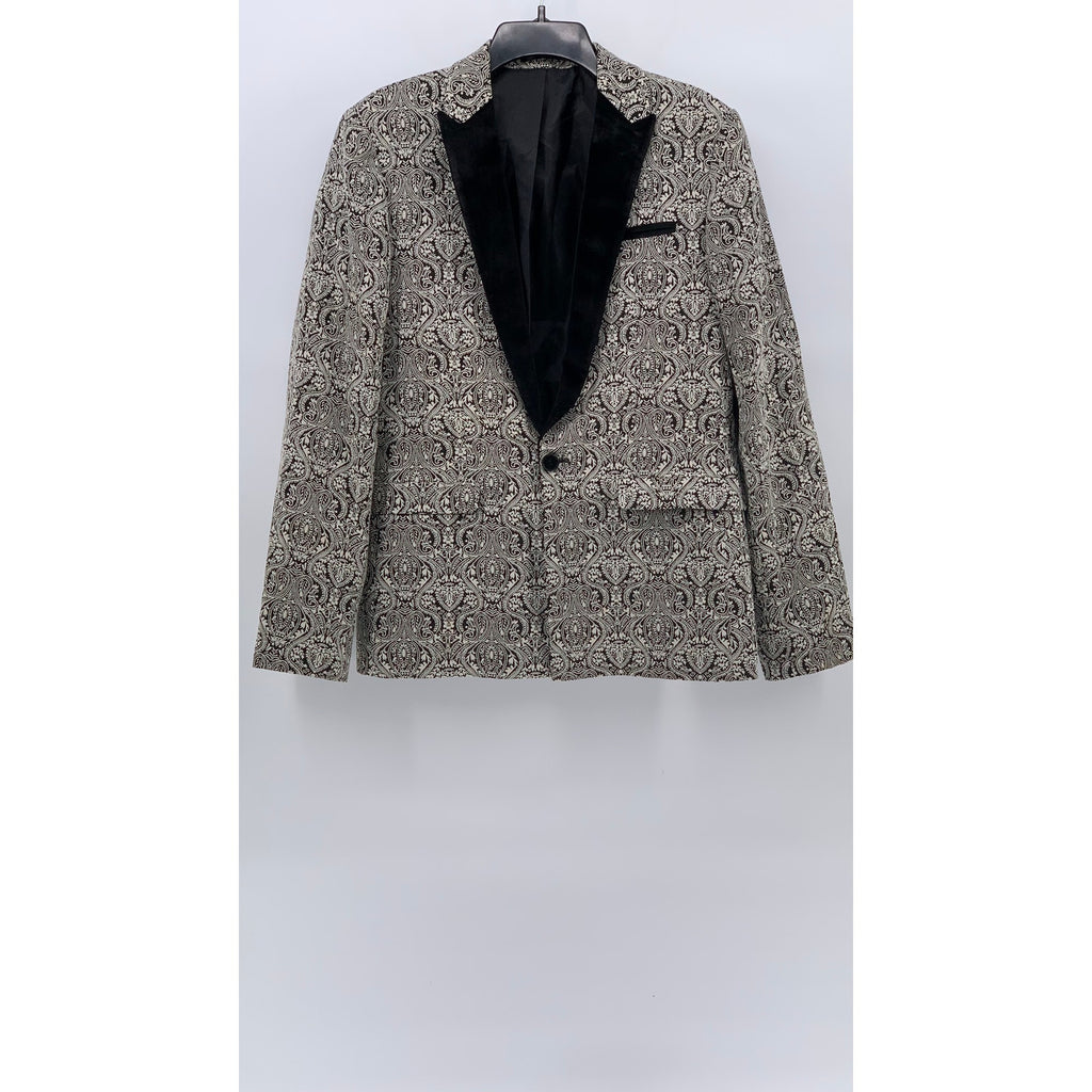 UNBRANDED Men's Black-White Paisley Velour Peak-Collar One-Button Blazer SZ M