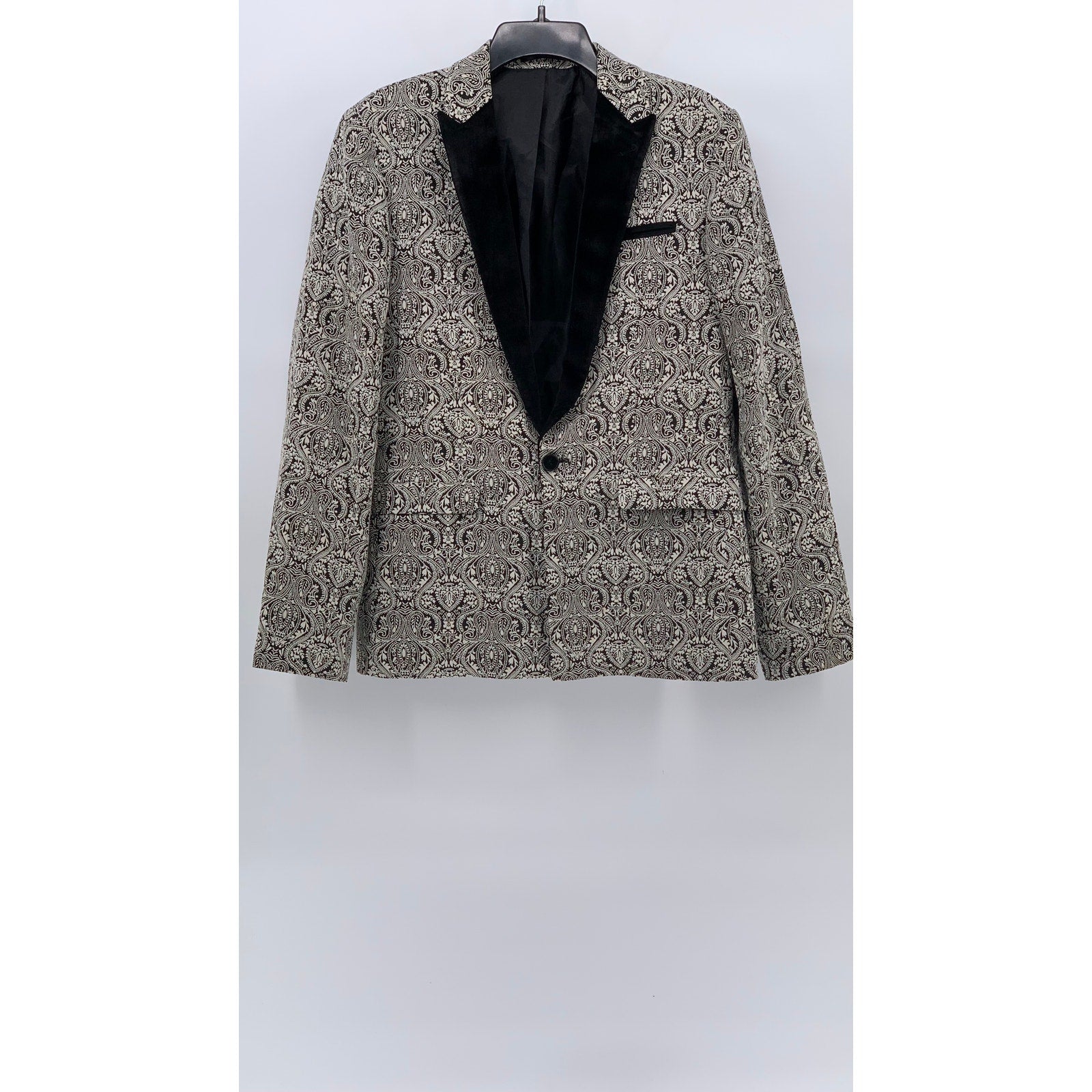 UNBRANDED Men's Black-White Paisley Velour Peak-Collar One-Button Blazer SZ M