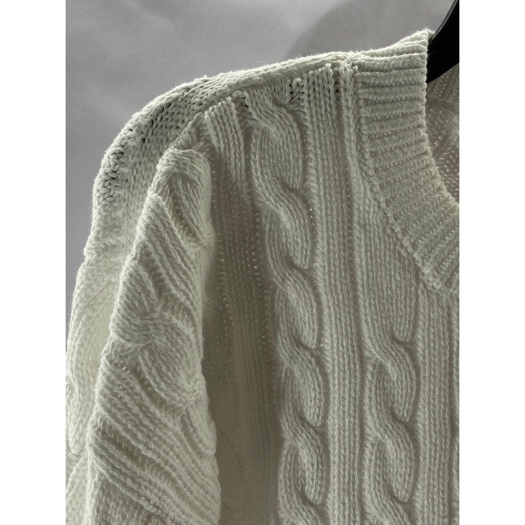 J.CREW Women's White Cable-Knit Crewneck Long Sleeve Cropped Sweater SZ M