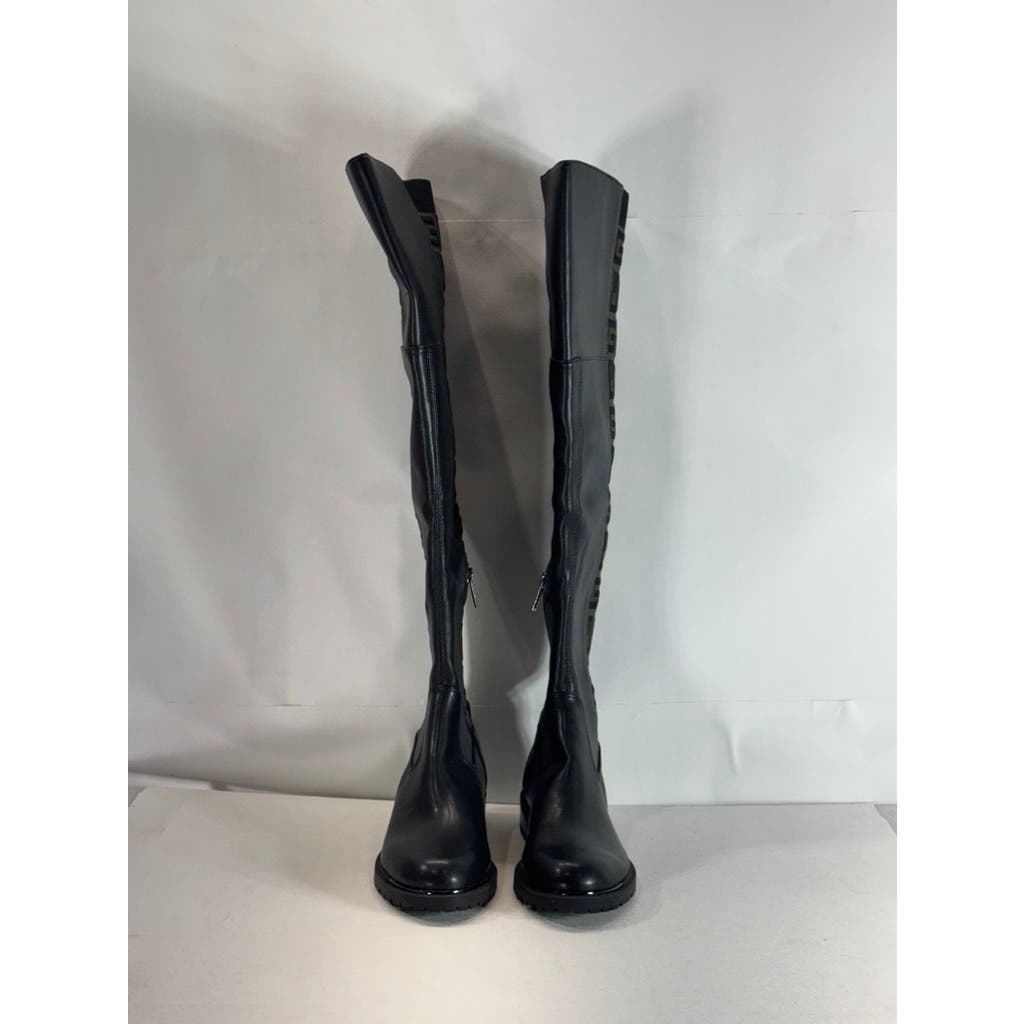 GUESS Women's Black/Taupe Remone Block-Heel Pull-on Knee High Boots SZ 6