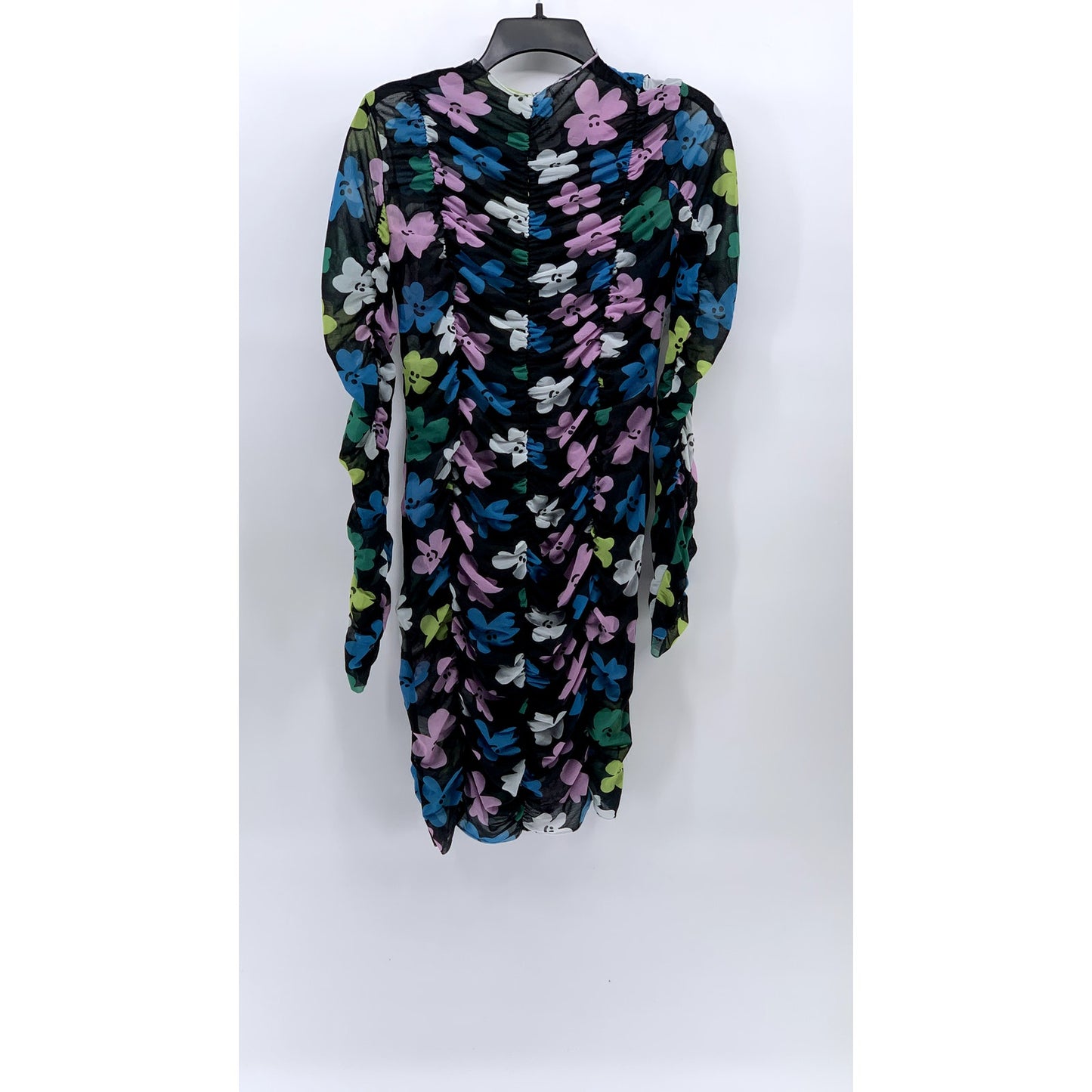 COLLUSION Women's Black Daisy Floral Print Sheer Ruched Bodycon Mini Dress SZ 12