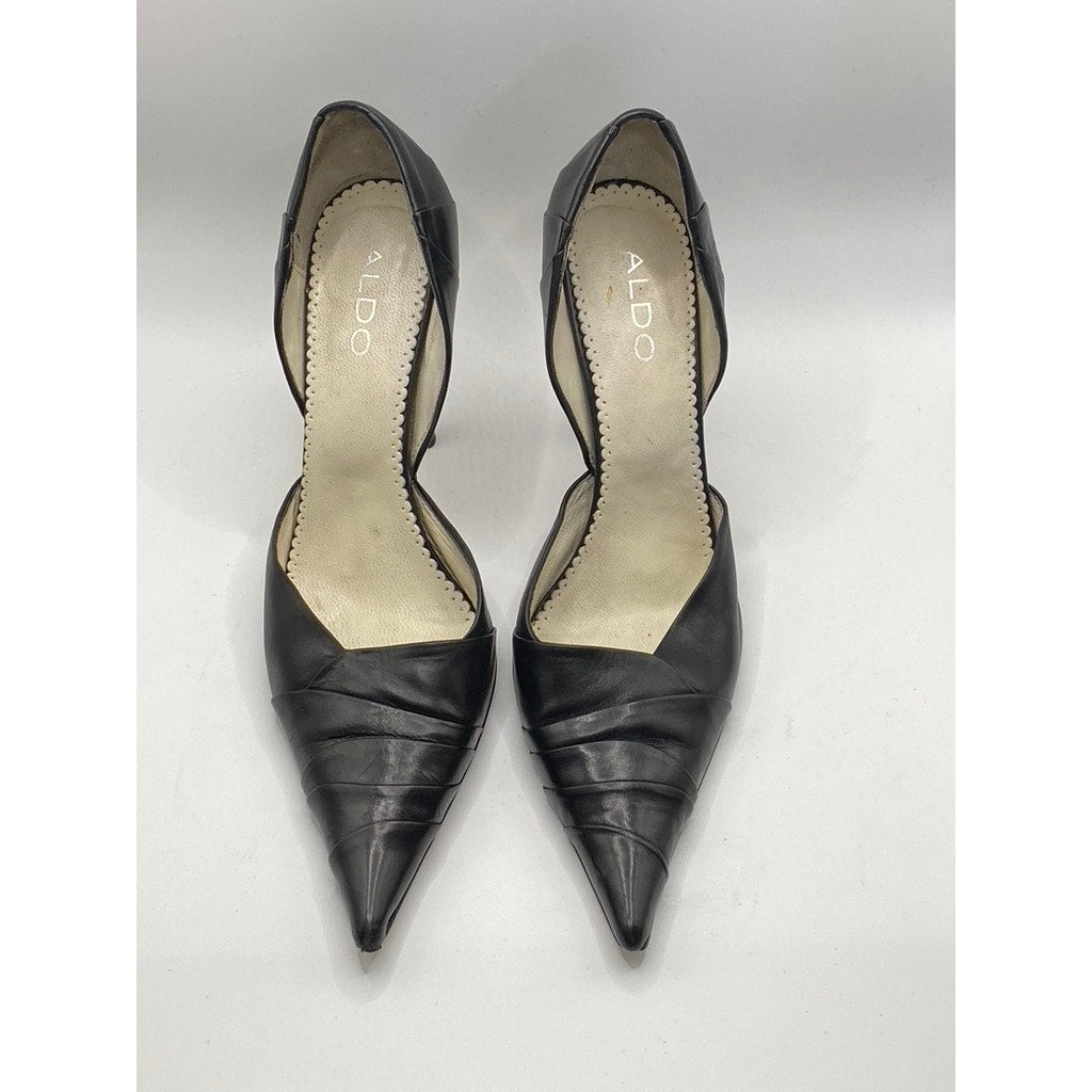 ALDO Women's Black Leather Pleated Pointed-Toe Slip-On Stiletto Pumps SZ US 6.5