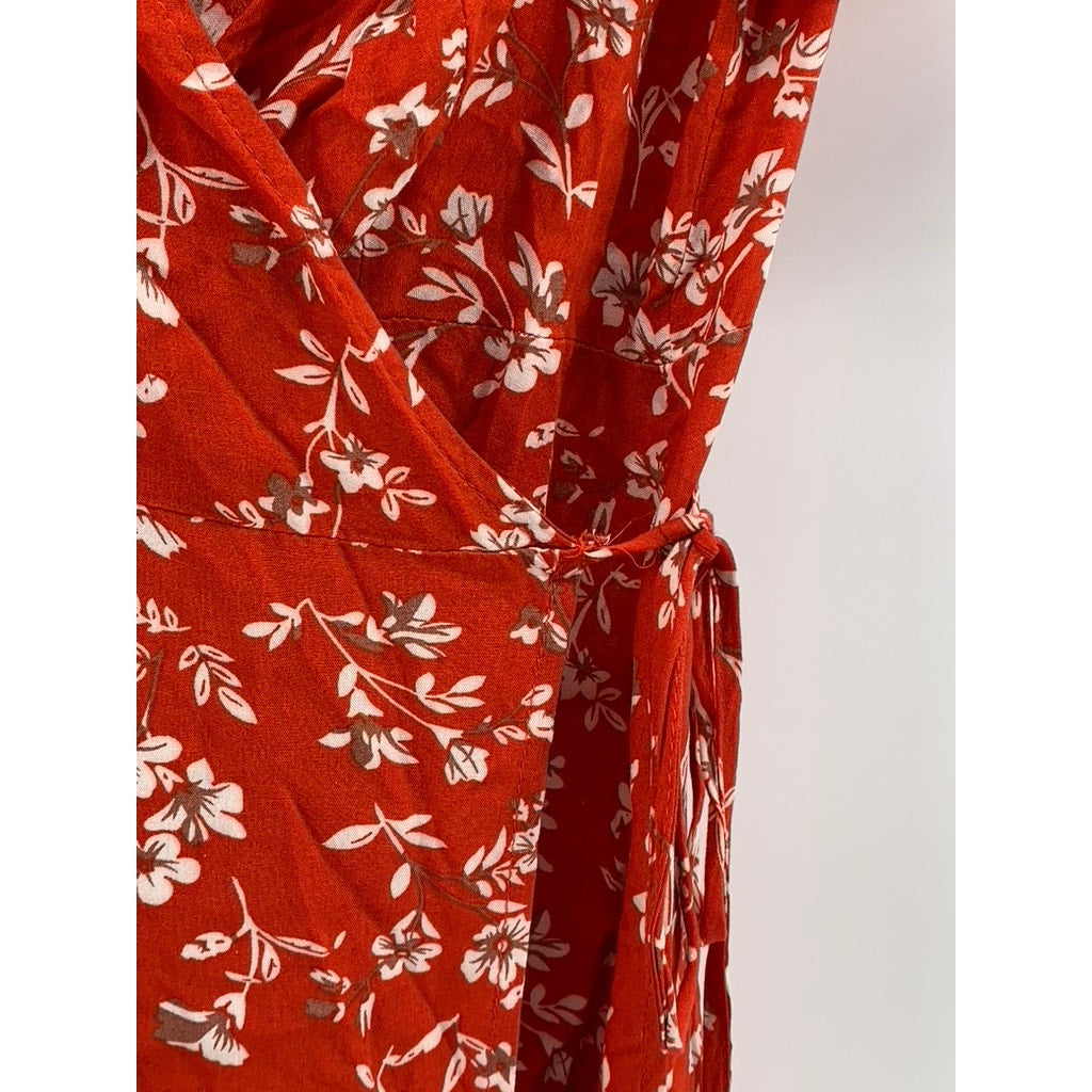 ZAFUL Women's Red Floral Print V-Neck Short Sleeve Mini Wrap Dress SZ S