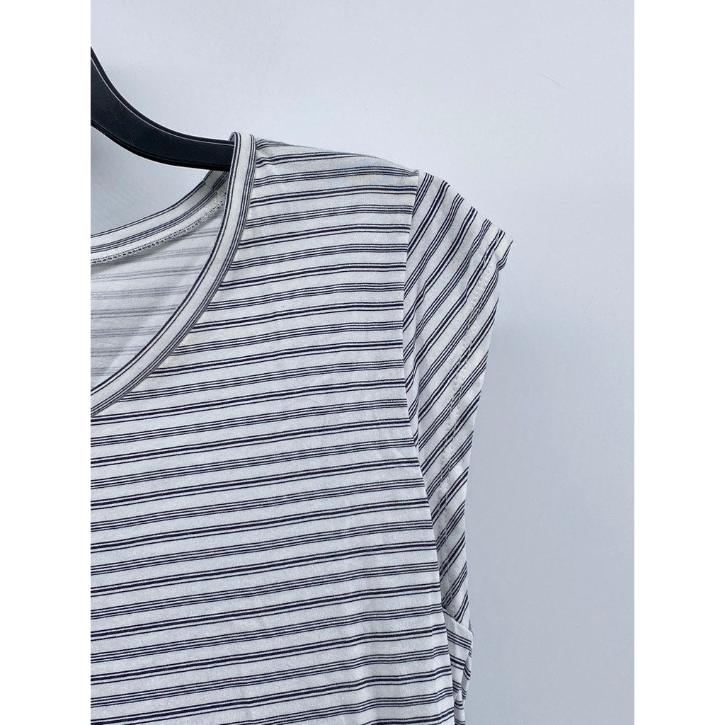 LOFT OUTLET Women's Petite White-Gray Striped Crewneck Ruffle-Hem Top M/P