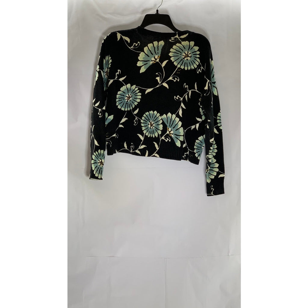 LOFT Women's Black Floral Crewneck Long Sleeve Lightweight Sweater SZ S