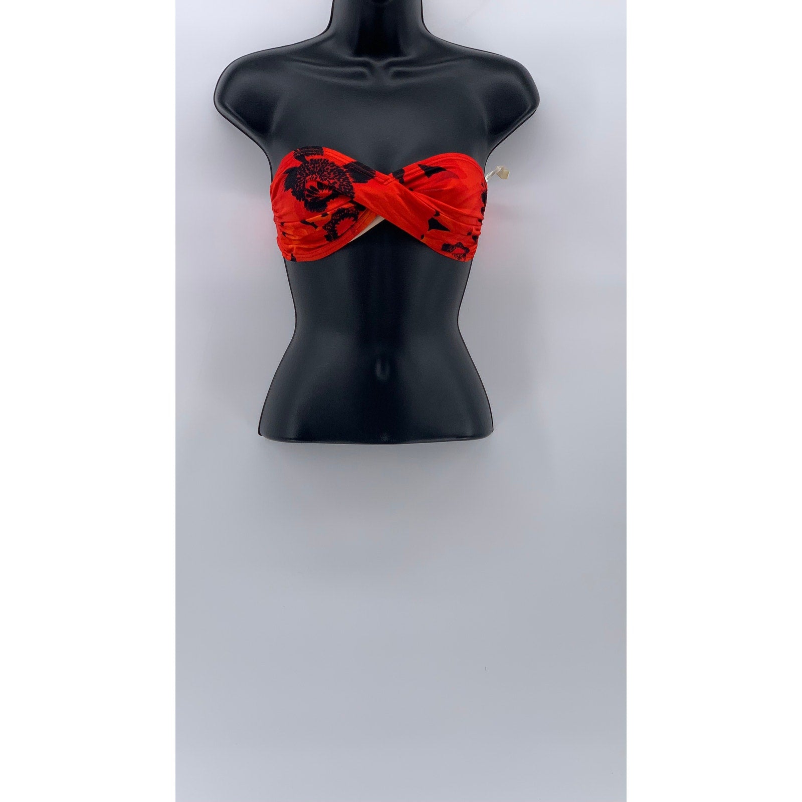 UNBRANDED Women's Red-Black Strapless Twist-Front Floral Bikini Top SZ S
