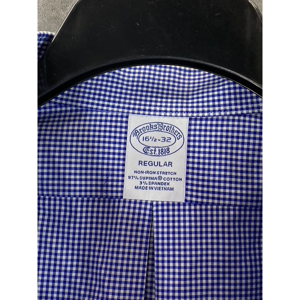 BROOKS BROTHERS Men's Blue Gingham Regular-Fit Non-Iron Dress Shirt SZ 16.5/32