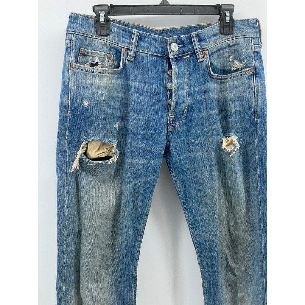 ALL SAINTS Men's Blue Distressed Denim Slim-Fit Button-Fly Jeans SZ 30