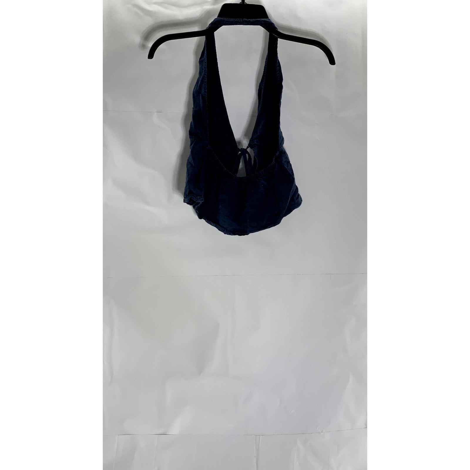 MELVILLE Women's Dark Blue Demin Linen-Blend Tie-Front Halter Crop Top SZ S