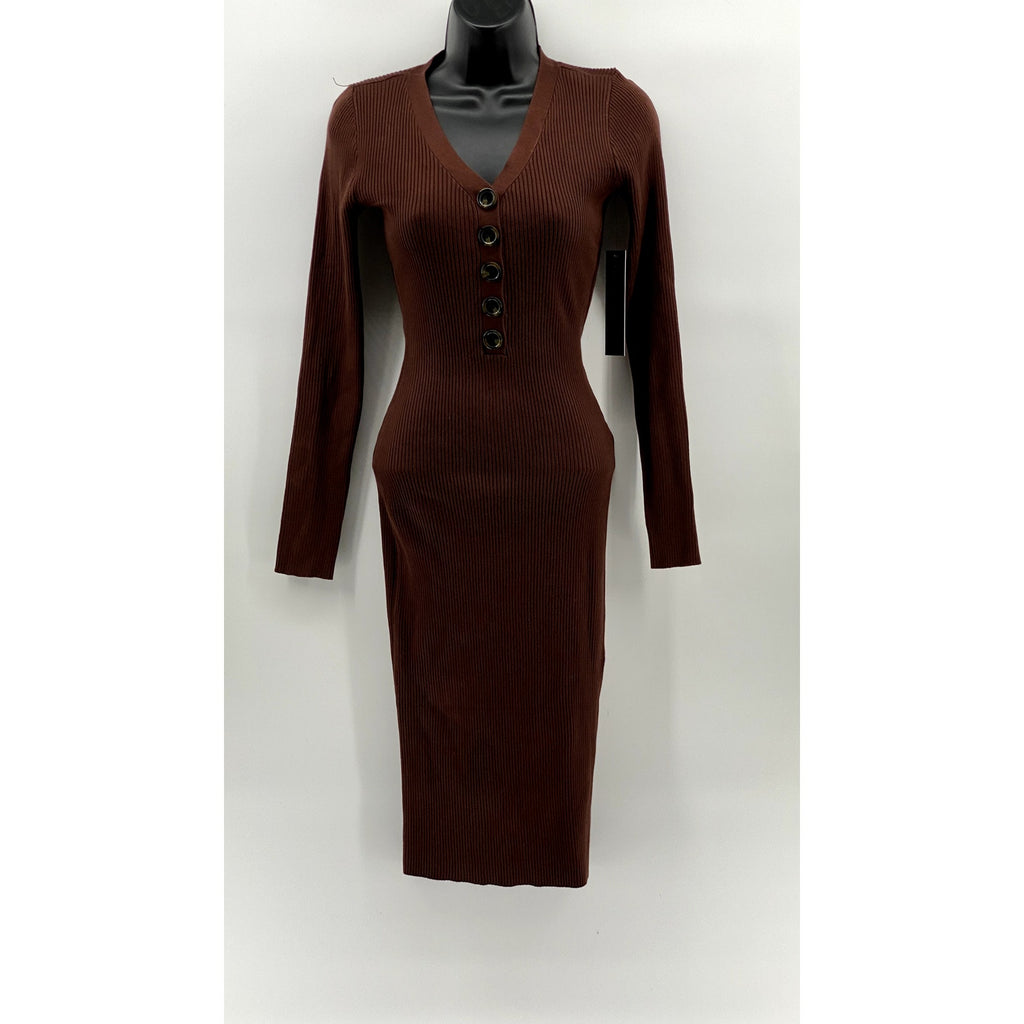 ALMOST FAMOUS Women's Brown Ribbed Henley Long Sleeve Bodycon Midi Dress SZ S