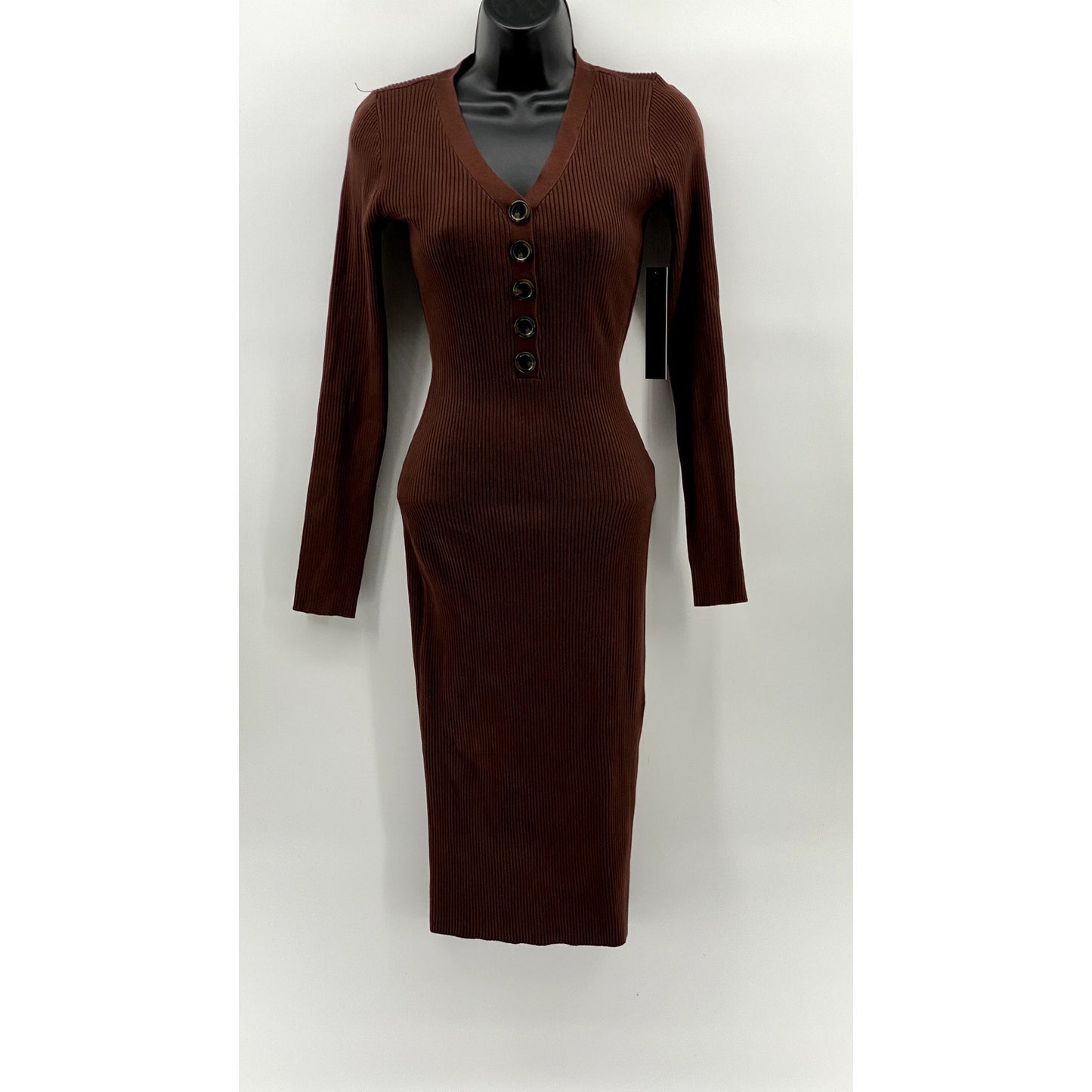 ALMOST FAMOUS Women's Brown Ribbed Henley Long Sleeve Bodycon Midi Dress SZ S