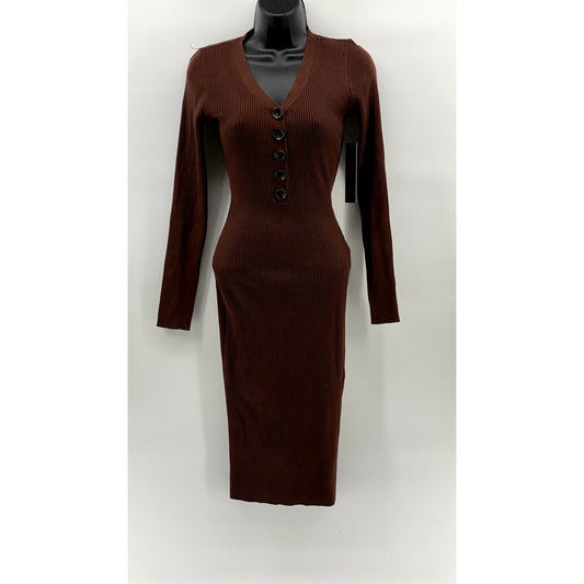 ALMOST FAMOUS Women's Brown Ribbed Henley Long Sleeve Bodycon Midi Dress SZ S