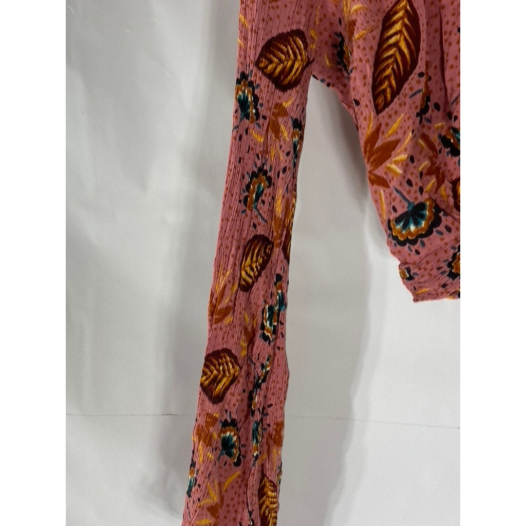 PATRONS OF PEACE Women's Pink Leaf Print Tie-Knot Front Long Sleeve Top SZ M