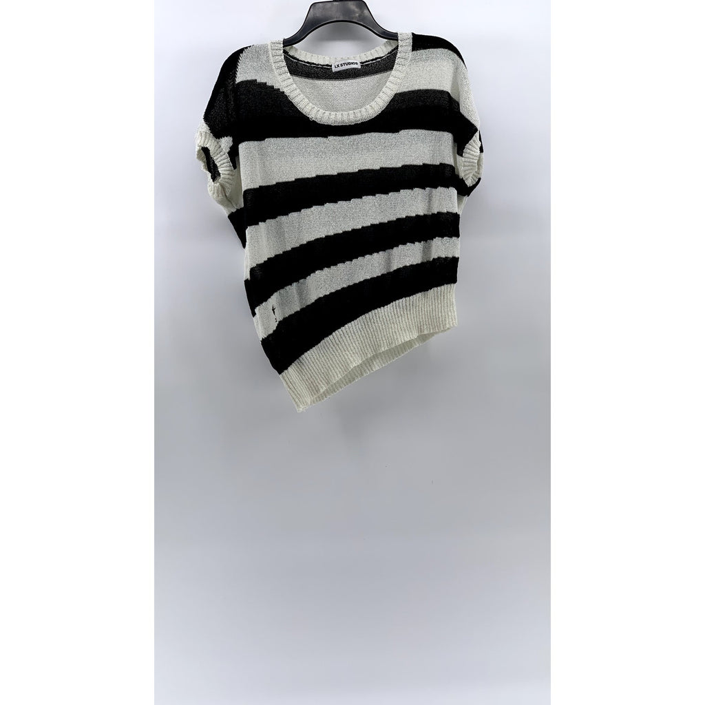 LX STUDIOS Women's Black-Cream Striped Crewneck Asymmetrical Hem Knit Top SZ S