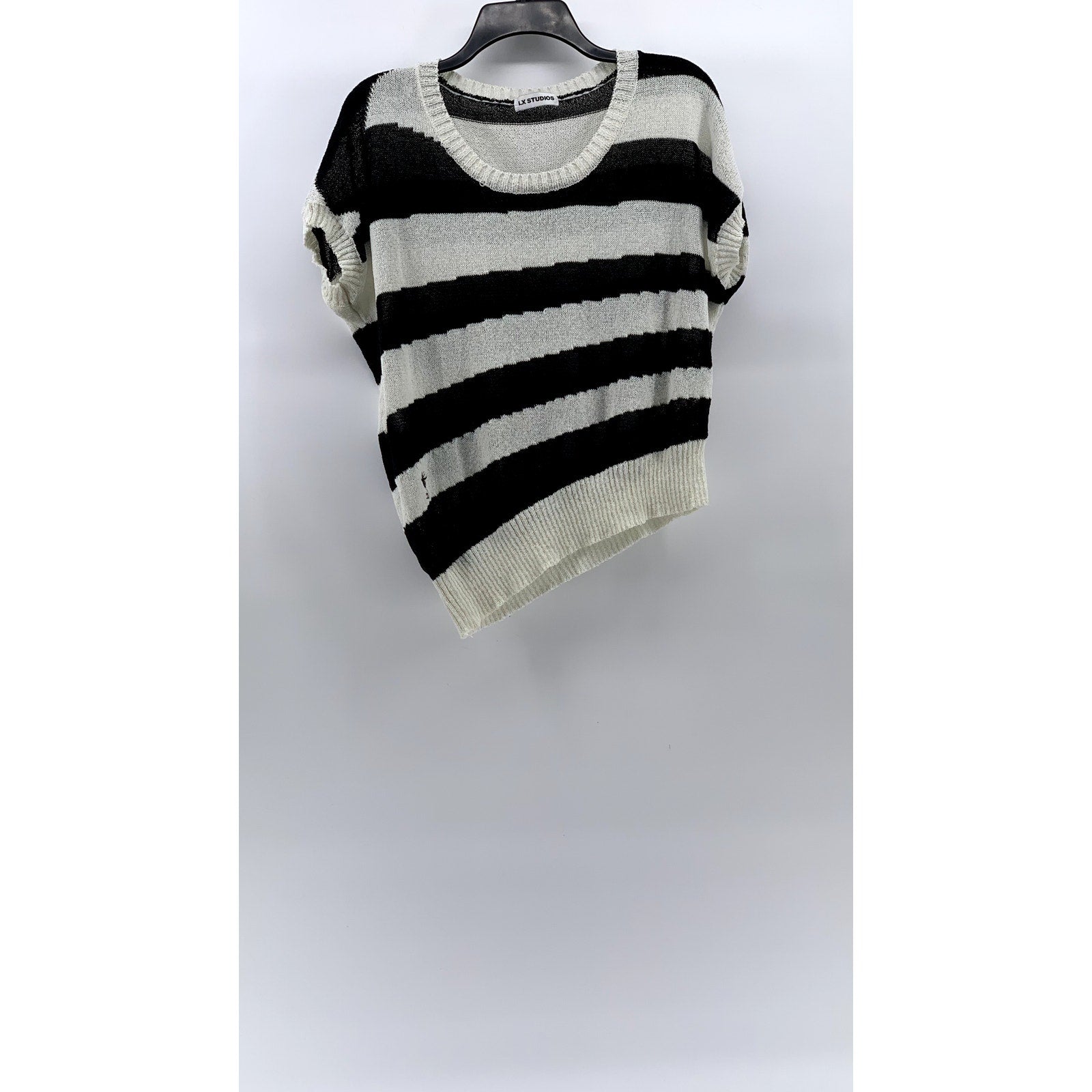 LX STUDIOS Women's Black-Cream Striped Crewneck Asymmetrical Hem Knit Top SZ S