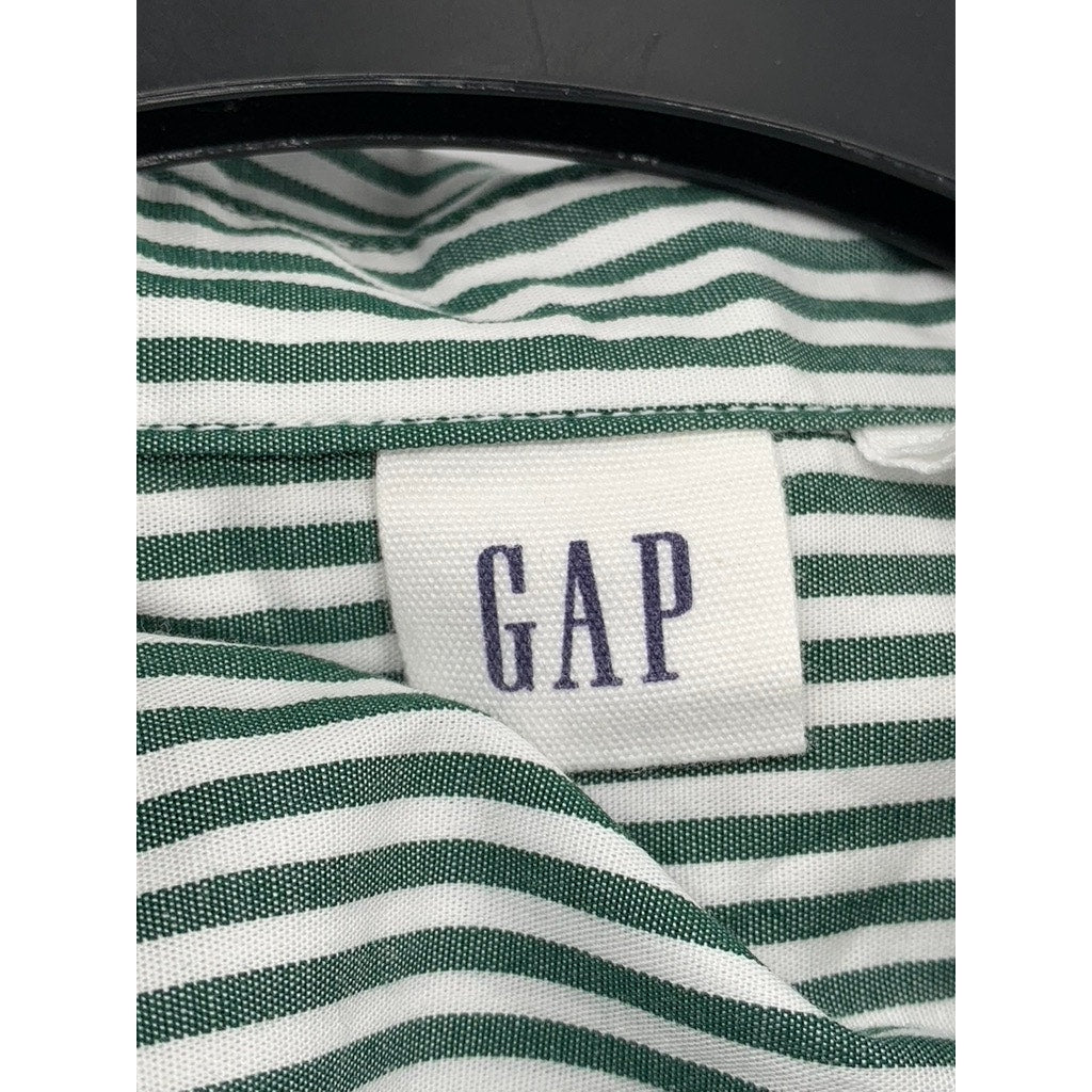 GAP Women's Green-White Striped Ruffle Hem Button-Up Long Sleeve Top SZ S