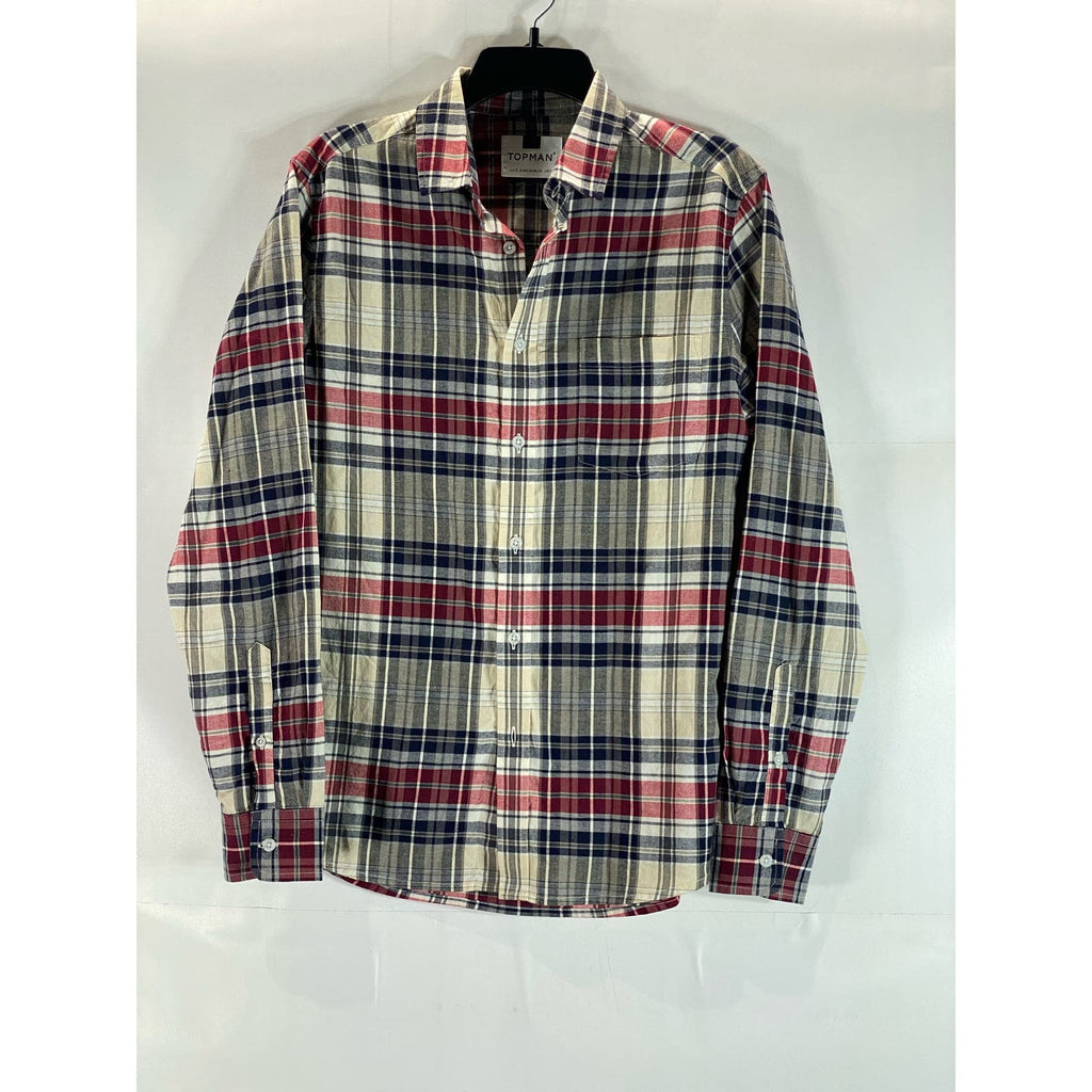 TOPMAN Men's Multicolor Plaid Button-Up Regular-Fit Long Sleeve Shirt SZ S