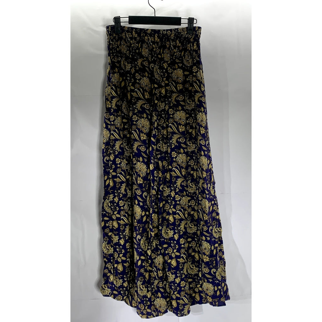 UNBRANDED Women's Navy/Beige Printed Smocked Waist Pull-On Wide-Leg Pant SZ S