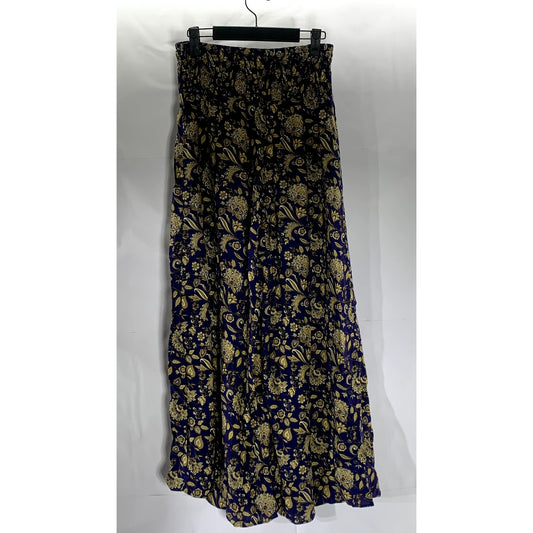 UNBRANDED Women's Navy/Beige Printed Smocked Waist Pull-On Wide-Leg Pant SZ S