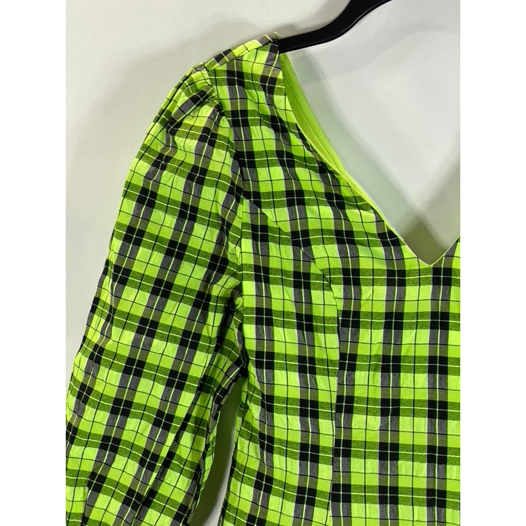 CIDER Women's Black/Green Neon Plaid V-Neck Long Sleeve Mini Dress SZ S(US4)