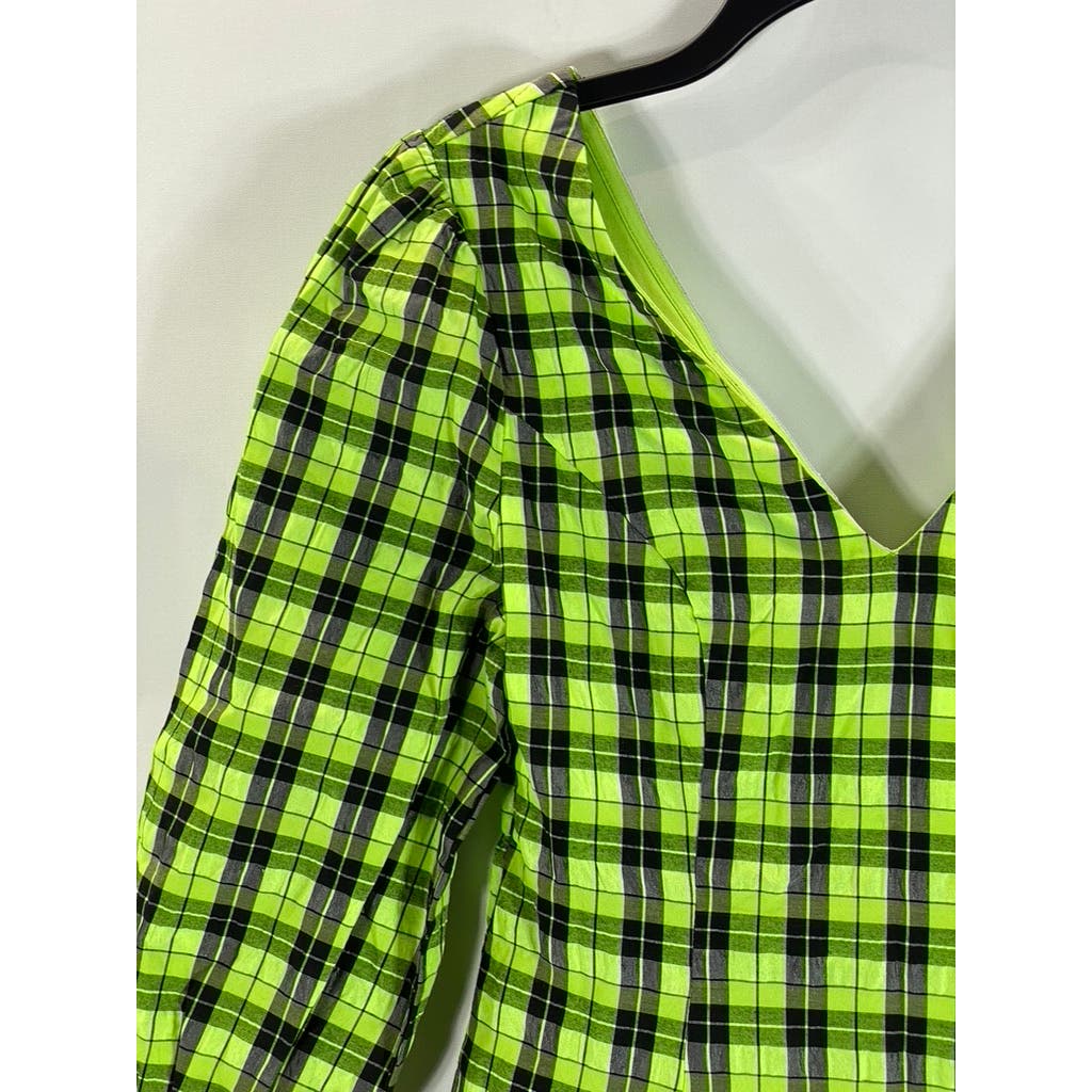 CIDER Women's Black/Green Neon Plaid V-Neck Long Sleeve Mini Dress SZ S(US4)