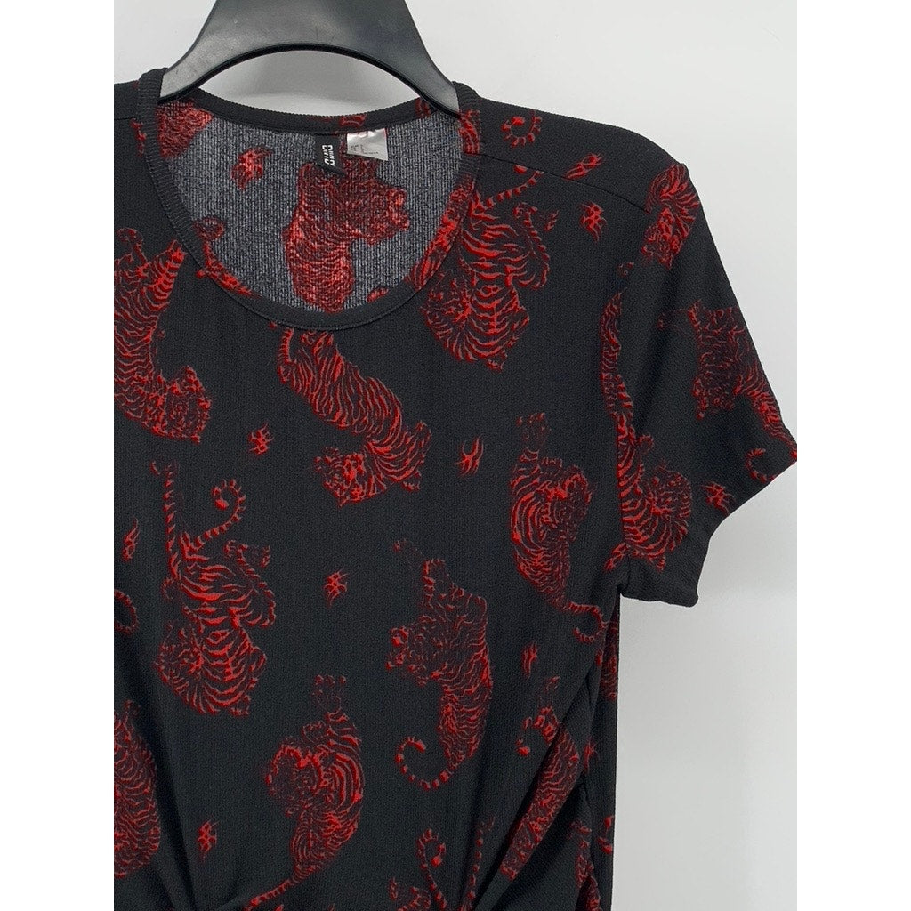 DIVIDED By H&M Women's Black-Red Printed Drawstring Cinched Bodycon Dress SZ L