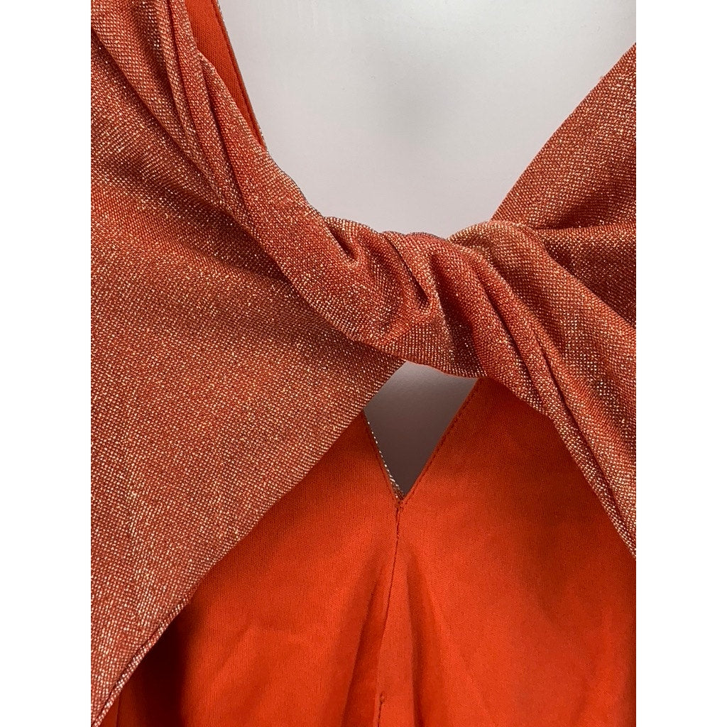 SETRE Women's Rust Orange Metallic Pleated V-Neck Long Sleeve Maxi Dress SZ S