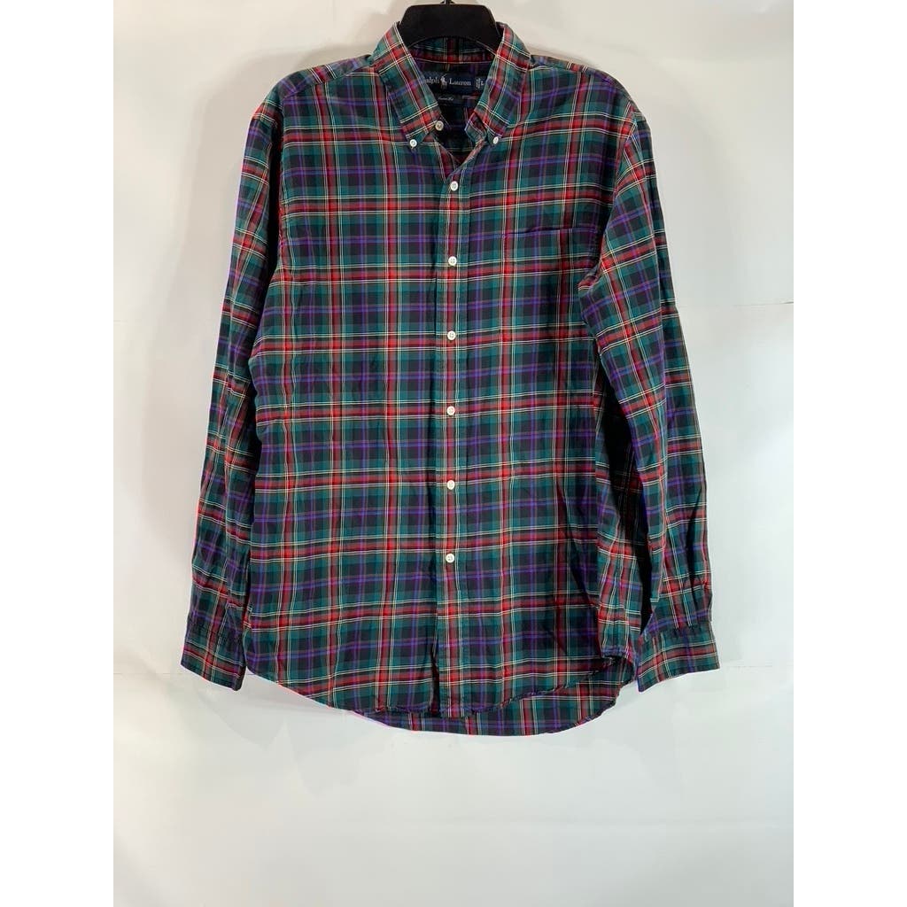 RALPH LAUREN Men's Red/Green Plaid Classic-Fit Button-Up Long Sleeve Shirt SZ L